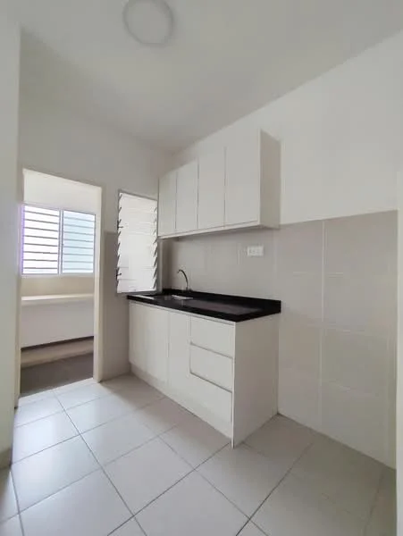 Kitchen features: white cabinetry, black countertop, single-bowl stainless-steel sink, chrome pull-down faucet, tile backsplash, ceramic tile flooring, window with louvered shutters, wall-mounted cabinet, under-cabinet lighting; style: modern.