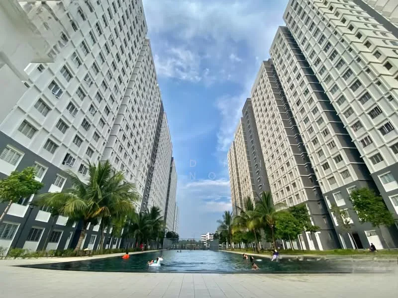 Exterior type: high-rise condominium; features: two high-rise buildings, swimming pool, landscaped garden, palm trees, manicured lawn, outdoor seating area, walkway around pool, city skyline in background; style: modern.