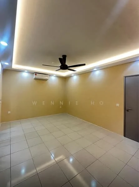 Room features: cream painted walls, white ceiling with recessed lighting, 5-blade ceiling fan, wall-mounted split AC, glossy white tile flooring, single door, no visible furniture or decor; style: modern.