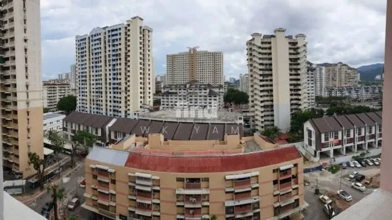 Exterior type: high-rise condominium; features: multiple high-rise buildings, surrounding urban landscape, mixed-use development, visible rooftops of low-rise buildings, paved streets, greenery in the vicinity, city skyline in background; style: modern.