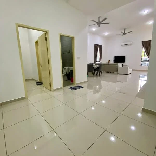 Living features: glossy ceramic tile flooring, white painted walls, recessed downlights, 5-blade ceiling fans, large windows with sheer curtains, sofa set, dining table with chairs, air conditioning unit; style: modern. Room features: white painted walls, glossy ceramic tile flooring, doorway leading to bathroom, doorway leading to bedroom.