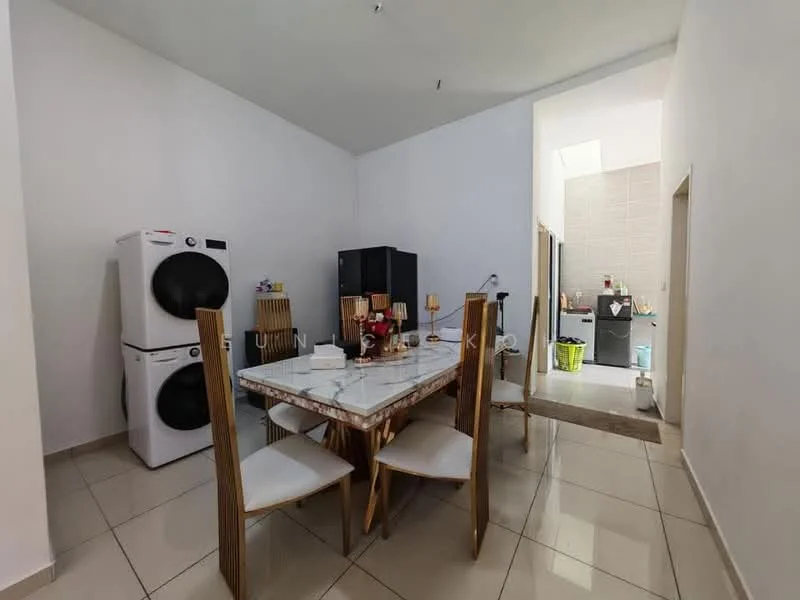 Dining features: marble dining table, 4 wooden dining chairs, white walls, tile flooring, built-in cabinetry, washing machine, dryer, refrigerator, kitchen area visible in background; style: modern.