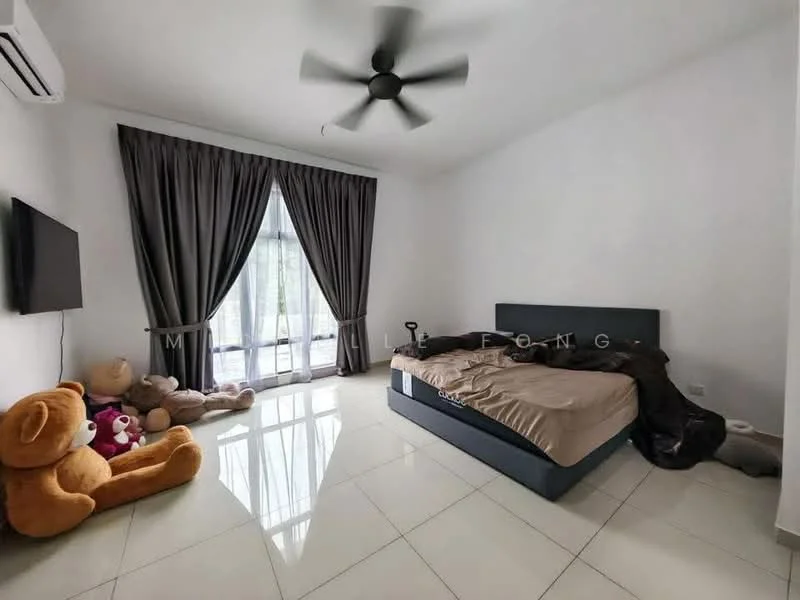Bedroom features: queen-size bed with beige bedding, upholstered headboard, floor-to-ceiling windows, sheer curtains, dark grey curtains, wall-mounted TV, 2 bedside lamps, ceiling fan, white painted walls, glossy tile flooring, stuffed toys on the floor; style: modern; view: garden.