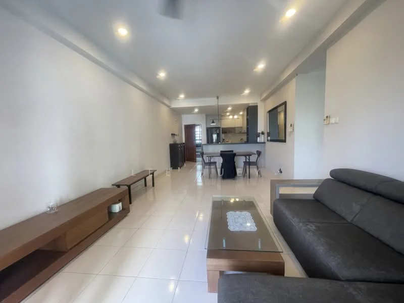 Living features: grey fabric sofa, wooden coffee table, white tiled flooring, recessed downlights, ceiling fan, open layout to dining area, wall-mounted TV, decorative wall mirror; style: modern. Dining features: dining table for 4, black dining chairs, open layout to living area, kitchen visible in background; style: modern.