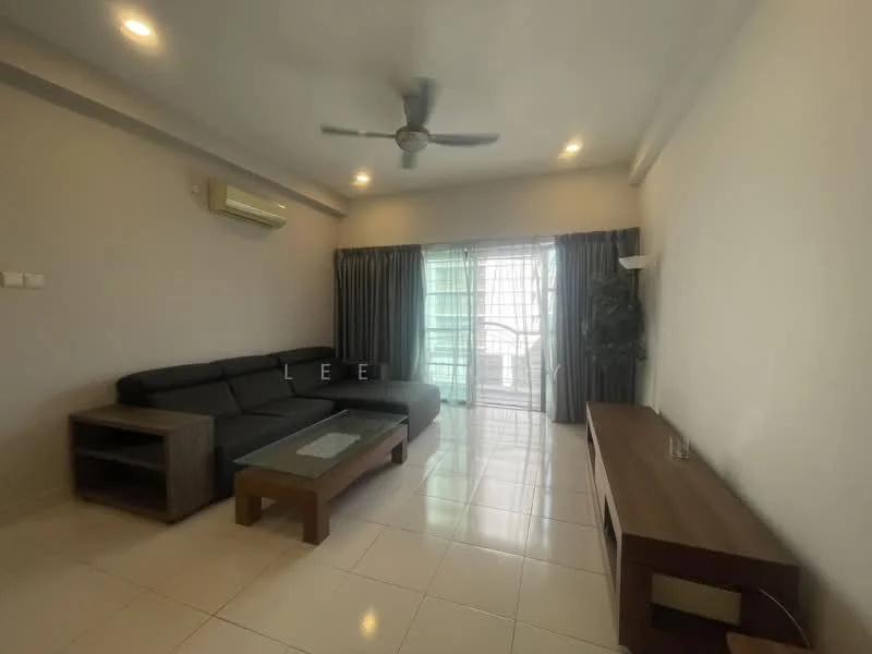 Living features: 3-seater fabric sofa in black, coffee table with glass top, TV console in wood, floor-to-ceiling windows, sliding glass door, curtains in grey, wall-mounted split AC, ceiling fan with light, white painted walls, glossy tile flooring; style: modern.