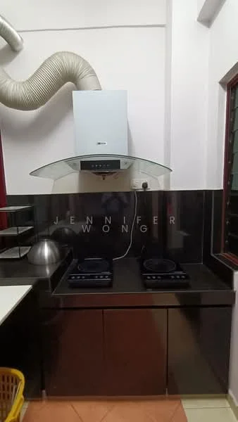 Kitchen features: black granite countertop, stainless-steel range hood, 2-burner induction cooktop, built-in oven, dark cabinetry, white walls, tile flooring, ventilation duct, window with grille; style: modern.