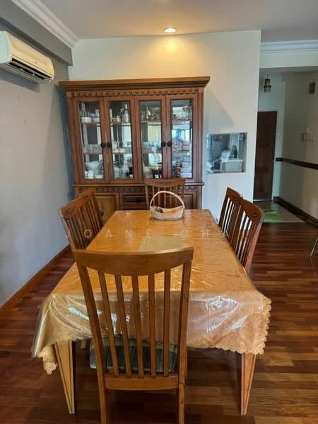 Dining features: wooden dining table, 4 wooden dining chairs, tablecloth with gold pattern, wooden sideboard cabinet, glass display cabinet, air conditioning unit on wall, wooden flooring, grey painted walls, recessed ceiling lights; style: traditional.