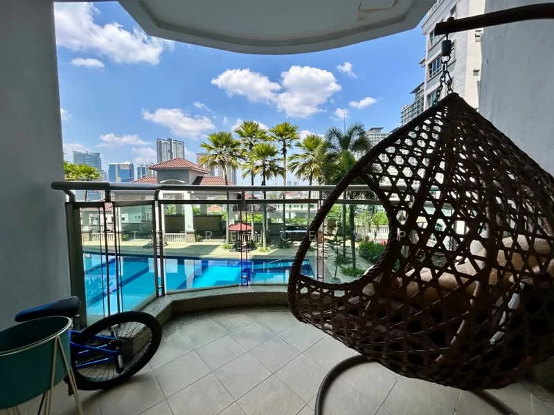 Balcony features: hanging rattan chair, glass railing, tile flooring, view of swimming pool, view of palm trees, view of city skyline, bicycle, outdoor furniture; style: modern; view: pool.