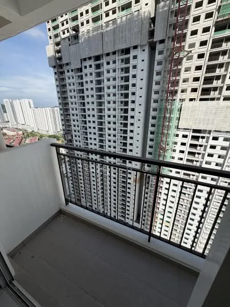 Room features: balcony, metal railing, grey tiled flooring, city view, high-rise building view, concrete wall, exposed building structure, partial skyline view; style: modern; view: city.