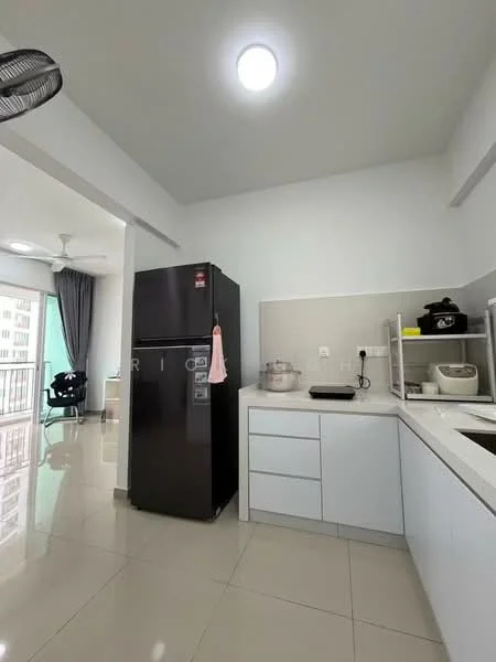 Kitchen features: white cabinetry, black refrigerator, stainless-steel sink, chrome faucet, grey countertop, tile backsplash, ceramic tile flooring, recessed ceiling light, open shelving, window with sheer curtains, view of living area; style: modern; view: city.