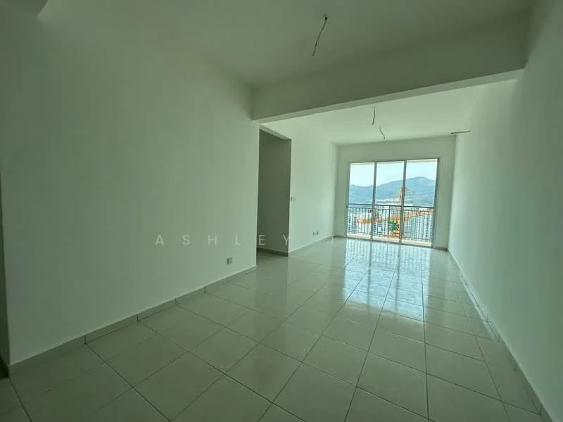 Room features: white painted walls, glossy ceramic tile flooring, large sliding glass door, mountain view, natural light from windows, no visible furniture, ceiling with exposed wiring, open layout; style: modern; view: mountain.