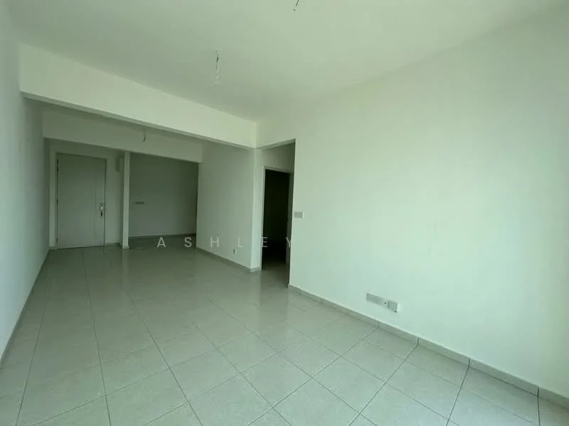 Room features: white painted walls, tile flooring, ceiling with no visible fixtures, doorway leading to another room, large window opening, neutral color scheme, open layout, no visible furniture; style: minimalist.