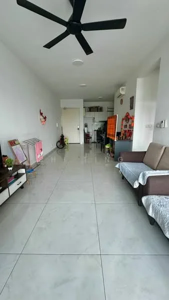 Living features: white painted walls, marble tile flooring, 5-blade ceiling fan, sofa in brown fabric, coffee table, wall-mounted TV, open kitchen area visible, decorative items on shelves; style: modern.