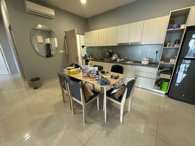 Kitchen features: white cabinetry, grey backsplash, stainless-steel sink, chrome pull-down faucet, built-in oven, freestanding range oven, microwave, refrigerator, dining table with 4 chairs, marble tile flooring, wall-mounted split AC, pendant light, open shelving, decorative mirror; style: modern.
