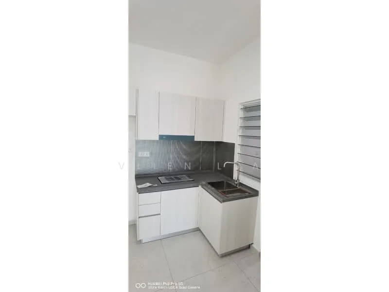 Kitchen features: white shaker cabinets, grey granite countertop, stainless-steel sink, chrome pull-down faucet, built-in stove, grey tile backsplash, white walls, ceramic tile flooring, window with horizontal slats; style: modern.