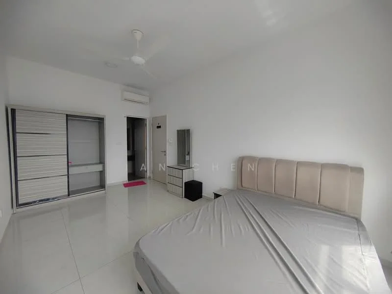 Bedroom features: queen-size bed, upholstered headboard, built-in wardrobe with sliding doors, nightstand, white painted walls, white ceiling, ceiling fan, large window, tile flooring, air conditioning unit; style: modern.