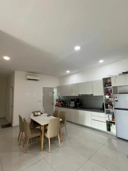 Kitchen features: white cabinetry, grey countertop, stainless-steel fridge, built-in oven, 4-burner gas hob, single-bowl stainless-steel sink, chrome pull-down faucet, dining table with 6 chairs, recessed LED downlights, wall-mounted split AC, ceramic tile flooring, white painted walls; style: modern.