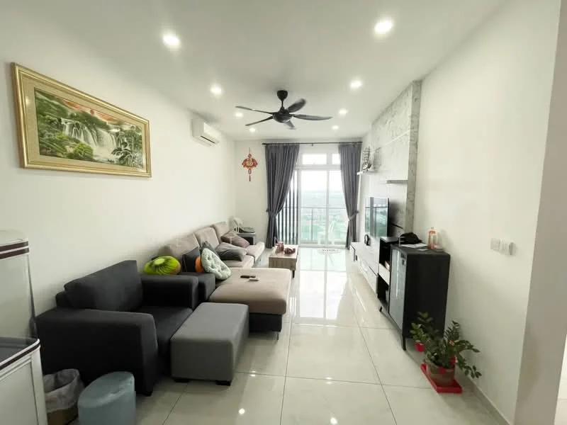 Living features: grey fabric sectional sofa, beige fabric ottoman, black armchair, white painted walls, marble tile flooring, 5-blade ceiling fan with light, wall-mounted TV, TV console in black, large windows with sheer curtains, decorative wall art, indoor plant in ceramic pot, recessed LED downlights; style: modern; view: city.