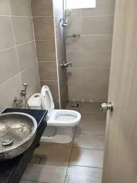 Bathroom features: single-sink vanity with stone countertop, chrome basin mixer faucet, toilet, shower with handheld showerhead, tile cladding on walls, ceramic tile flooring, window for natural light, mirror above sink; style: modern.