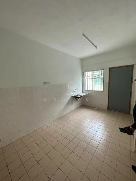 Room features: white painted walls, light beige tiled flooring, single-bowl sink, window with metal grille, door leading to another room, no visible cabinetry, no visible appliances, minimal decor; style: minimalist.