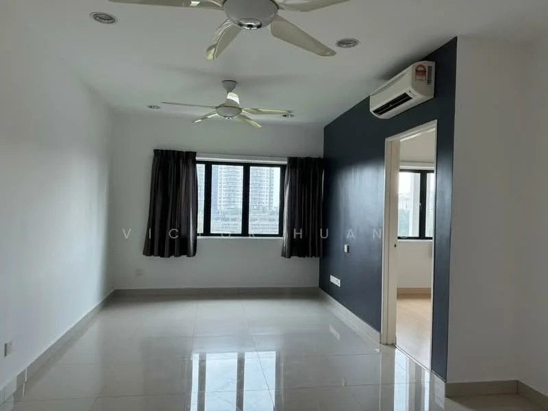 Room features: white painted walls, grey accent wall, glossy ceramic tile flooring, 2 ceiling fans, floor-to-ceiling windows, blackout curtains, wall-mounted split AC, recessed downlights; style: modern; view: city.