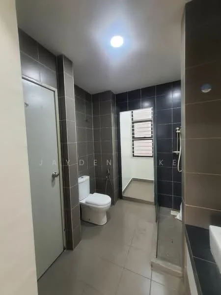 Bathroom features: white toilet, single-sink vanity with mirror, shower with handheld showerhead, grey tiled walls, light grey floor tiles, recessed ceiling lights, window with blinds, glass shower enclosure; style: modern.