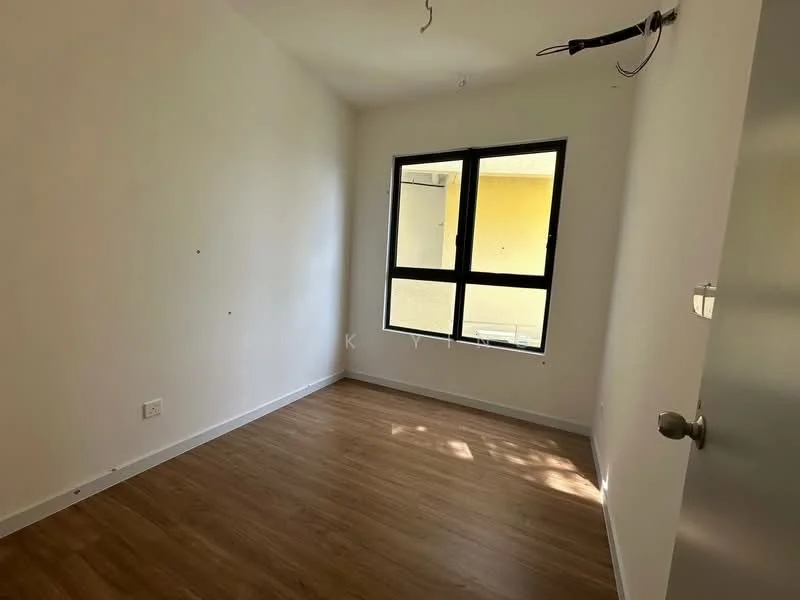 Room features: white painted walls, laminate flooring, large window, natural light, ceiling with exposed wiring.