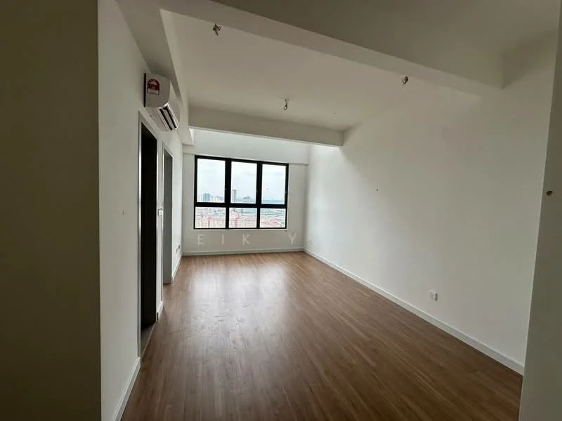 Room features: light wood laminate flooring, white painted walls, ceiling with recessed lighting, floor-to-ceiling windows, wall-mounted split AC, open layout, no visible furniture, city view from windows; style: modern; view: city.