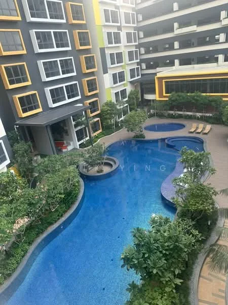 Exterior type: mid-rise condominium; features: swimming pool with curved edges, pool deck with loungers, landscaped garden with greenery, multiple levels of the building, balconies with glass railings, outdoor seating area, water feature, paved walkway around the pool; style: modern.