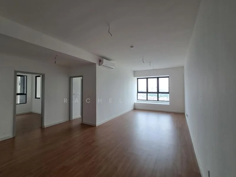 Room features: light wood laminate flooring, white painted walls, large windows with city view, 1 wall-mounted split AC, ceiling with exposed wiring, neutral color scheme, open layout, natural light; style: modern; view: city.