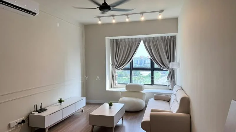 Living features: light wood flooring, white painted walls, 5-blade ceiling fan with light, recessed LED downlights, floor-to-ceiling window, sheer curtains, white fabric sofa, white coffee table, TV console, decorative plants, city view; style: modern; view: city.