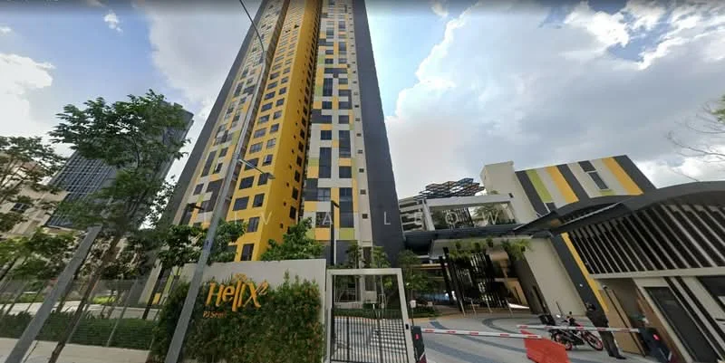Exterior type: high-rise condominium; features: yellow and black painted facade, glass curtain wall, recessed balconies, feature lighting at night, manicured landscaping, guard house at entrance, gated entry, multi-storey car park, double-volume main lobby; style: modern.