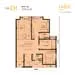 Floor plan: 2-bedroom 2-bathroom unit; features: open-plan kitchen-dining-living, master bedroom with ensuite bathroom, bedroom 2 with shared bathroom, utility room, balcony off living room, central foyer, 1 car porch, laundry area.