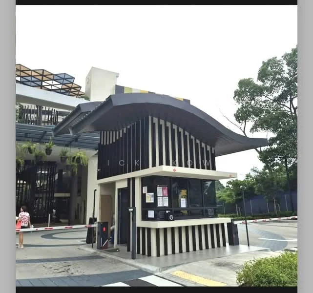 Exterior type: main entrance gate; features: modern architectural design, curved roof, black and white striped facade, glass panels, security booth, landscaped surroundings, paved driveway, access control system, intercom panel, surrounding greenery; style: modern.