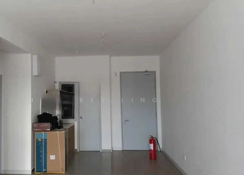 Room features: white painted walls, laminate flooring, kitchen cabinetry, stainless-steel sink, fire extinguisher, door, window, ceiling lights.