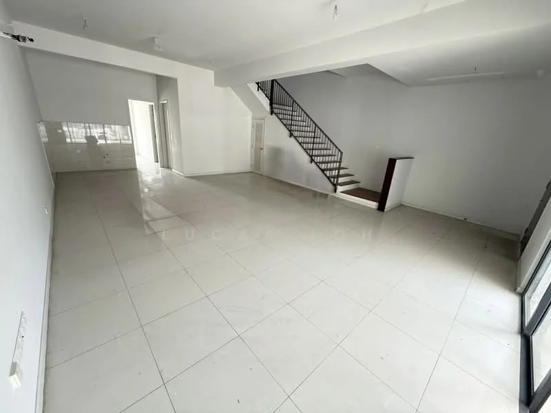Room features: white painted walls, tile flooring, staircase with wooden steps, large windows, open layout, high ceiling, recessed lighting, no visible furniture; style: modern.