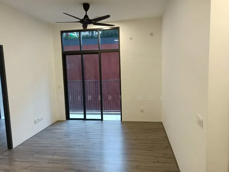 Room features: light wood laminate flooring, white painted walls, 5-blade ceiling fan, floor-to-ceiling sliding glass door, balcony view, no visible furniture, minimalist decor; style: modern.