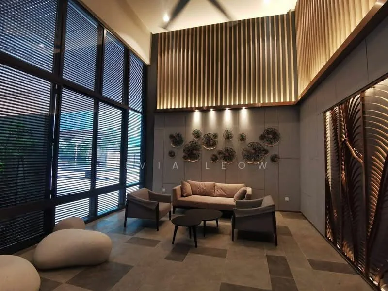 Living features: sofa in light beige fabric, 2 accent chairs in grey, round black coffee table, decorative wall art, wood paneling on upper wall, large floor-to-ceiling windows, horizontal blinds on windows, stone tile flooring, recessed downlights, decorative wall with textured finish; style: modern; view: garden.