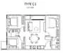 Floor plan: 3-bedroom 2-bathroom unit; features: open-plan kitchen-dining-living, master bedroom with ensuite bathroom, bedroom 2 with shared bathroom, balcony off living room, utility room, central foyer, 1 car porch.