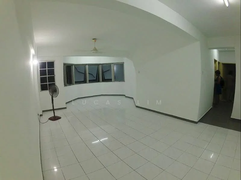 Living features: white painted walls, glossy white tile flooring, ceiling fan, large windows, corner windows, neutral color scheme, open layout, no visible furniture; style: modern.