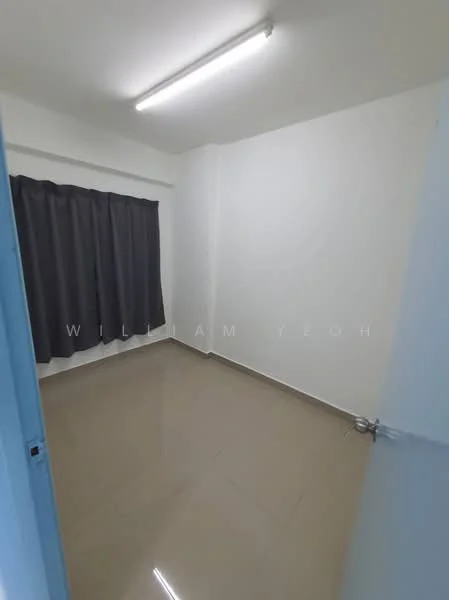 Room features: white painted walls, grey curtains, glossy tile flooring, fluorescent ceiling lights.