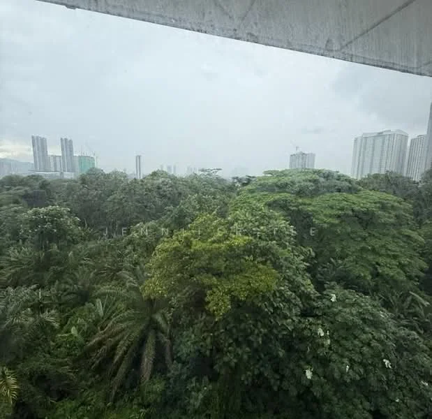 Exterior features: lush greenery, tall trees, city skyline in background, overcast sky, urban landscape.
