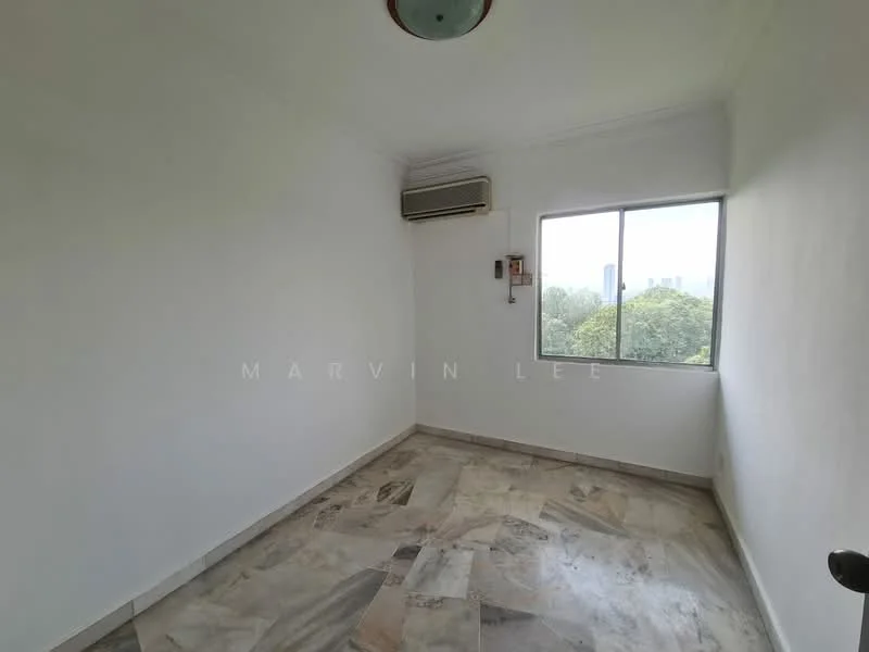 Room features: white painted walls, marble tile flooring, 1 wall-mounted split AC, floor-to-ceiling window, curtains, ceiling light fixture; view: garden.