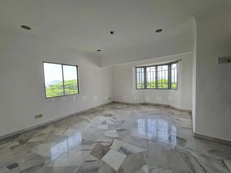Room features: white painted walls, marble flooring, large windows, natural light, corner windows, ceiling lights, smooth ceiling, open layout; style: modern; view: garden.