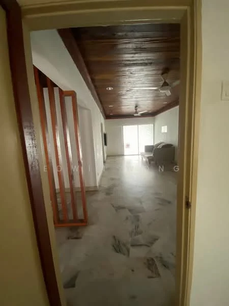 Room features: marble flooring, wooden ceiling with exposed beams, ceiling fan, sliding glass door, large windows, neutral wall color, open layout, natural light; style: modern.