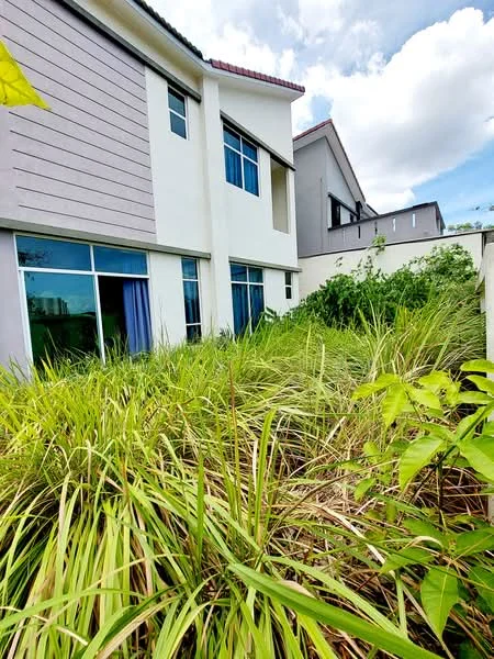 Exterior features: two-storey building, large windows, grey and white facade, overgrown grass, surrounding greenery, roof with eaves, blue curtains visible in windows; style: modern.