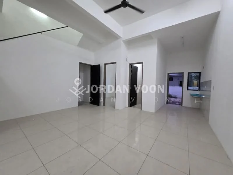 Room features: white painted walls, polished ceramic tile flooring, ceiling fan, multiple doorways, windows, open layout, kitchen area visible, recessed lighting; style: modern.