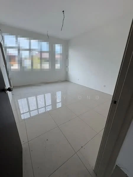 Room features: white painted walls, glossy ceramic tile flooring, large windows, unfurnished, ceiling with exposed wiring, natural light from windows; style: modern.
