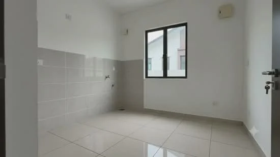 Laundry features: white painted walls, grey tiled walls, glossy ceramic tile flooring, single window with black frame, wall-mounted faucet, drainage outlet on floor, no visible appliances, minimalist design; style: modern.