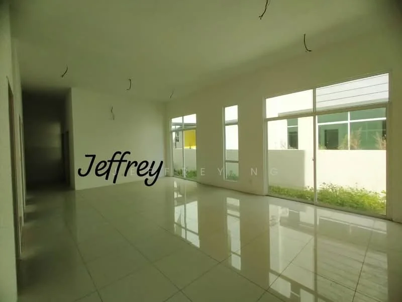 Room features: white painted walls, glossy ceramic tile flooring, floor-to-ceiling windows, multiple light fixtures on ceiling, natural light from windows, open layout, neutral color scheme, no visible furniture; style: modern; view: garden.